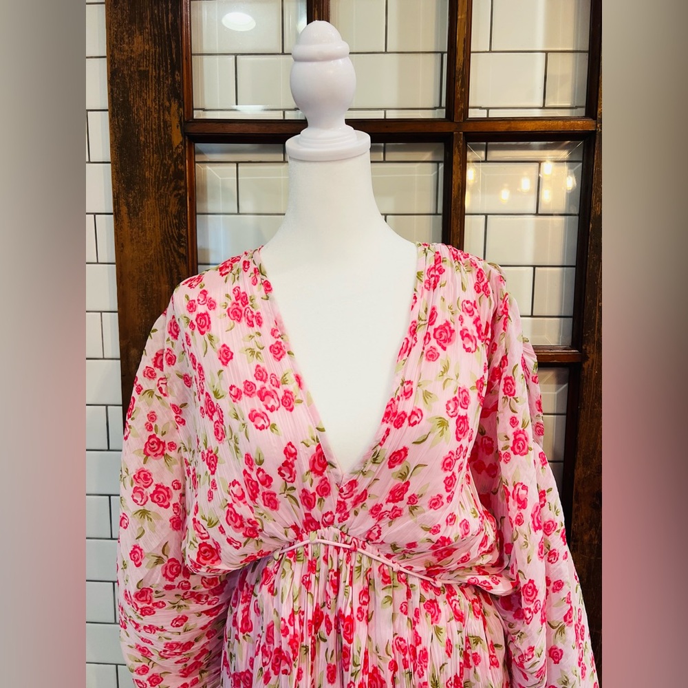 New ASOS Design Micro Pleated Batwing Trapeze Pink Floral Dress Size 8